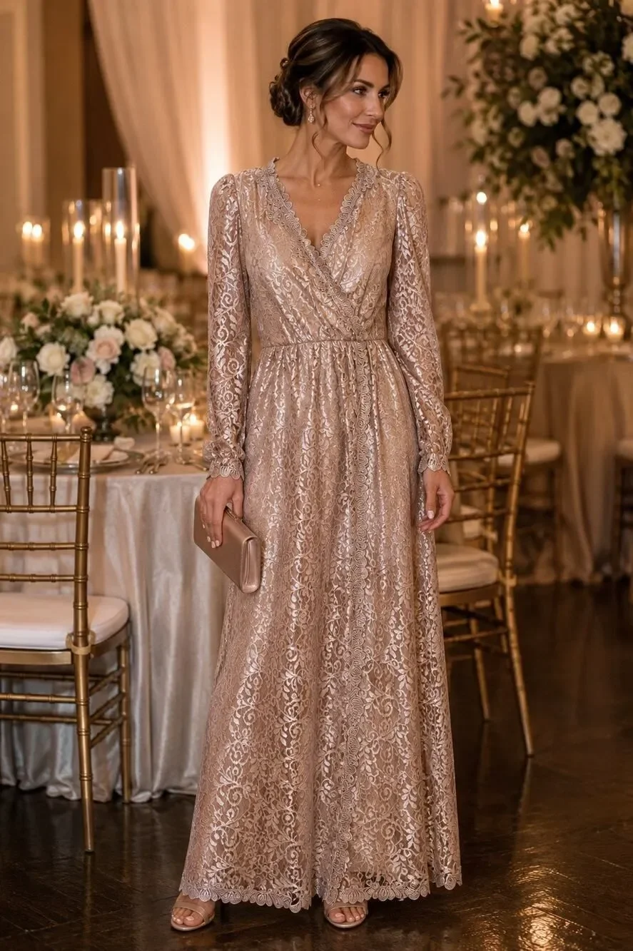 Vintage JCPenney 10P Taupe Rose Gold Lace Maxi Dress Petite Long Sleeve DressUSA